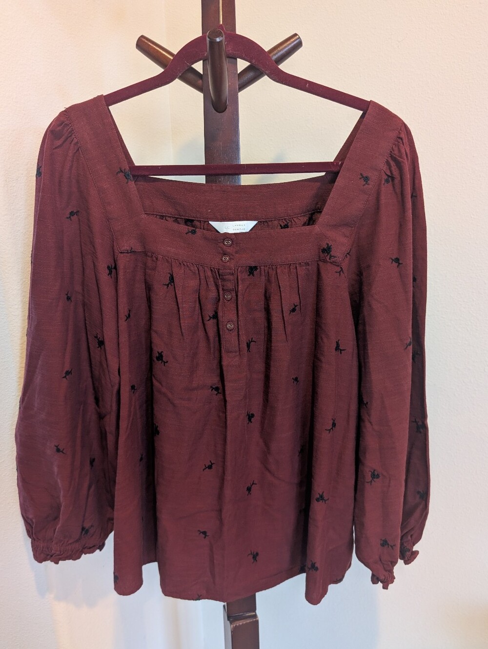 LC Lauren Conrad Burgundy Peasant Blouse with Black Embroidery, Size L